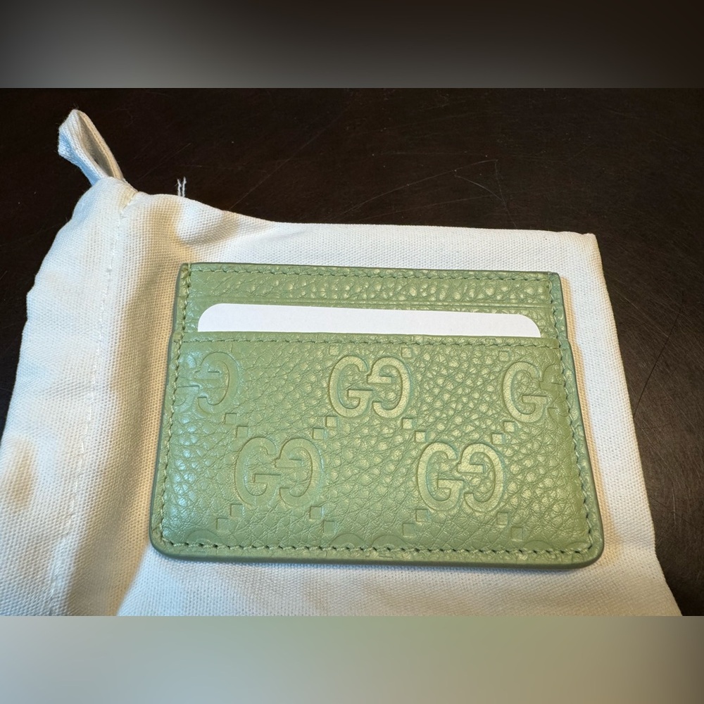 New Authentic Gucci GG Logo Card Case Walllet Green Leather - Picture 3 of 10